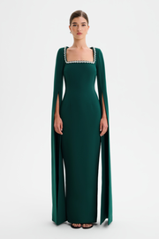 GRACE Square Neck Embellished Cape Sleeve Maxi Dress in Emerald Green