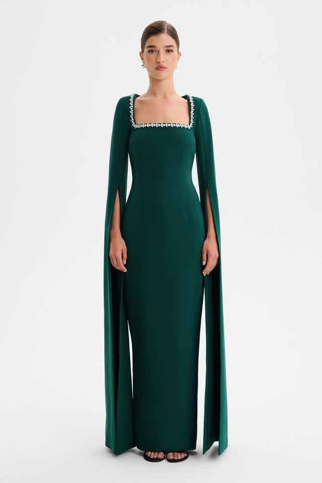 GRACE Square Neck Embellished Cape Sleeve Maxi Dress in Emerald Green
