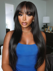 Beautyforever Yaki Straight Bangs Wig Machine Made Human Hair Wigs 180% Density