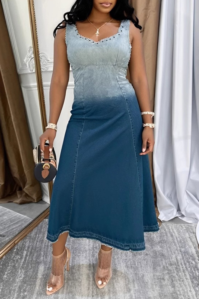 Blue Gradient Square Neck Sleeveless Casual Denim Tank Maxi Dresses