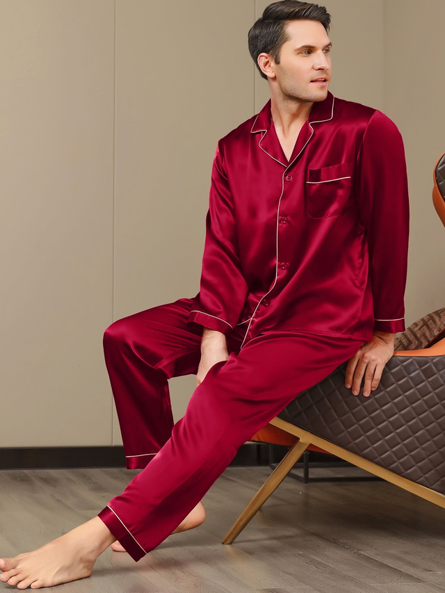 Men's Silk Lapel Full Length Pajama Set