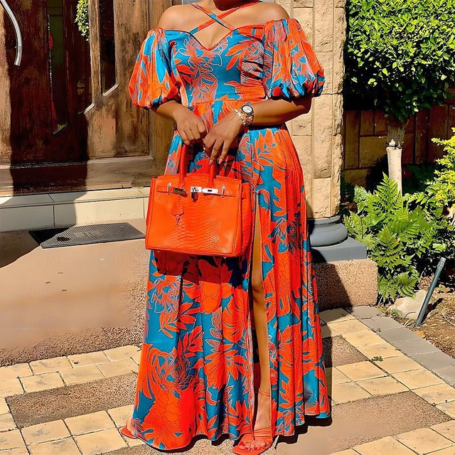 Women's Winter Dress T Shirt Dress Tee Dress Floral Tribal Pocket V Neck Long Dress Maxi Dress Vintage Ethnic Street Daily Long Sleeve Yellow Red Blue