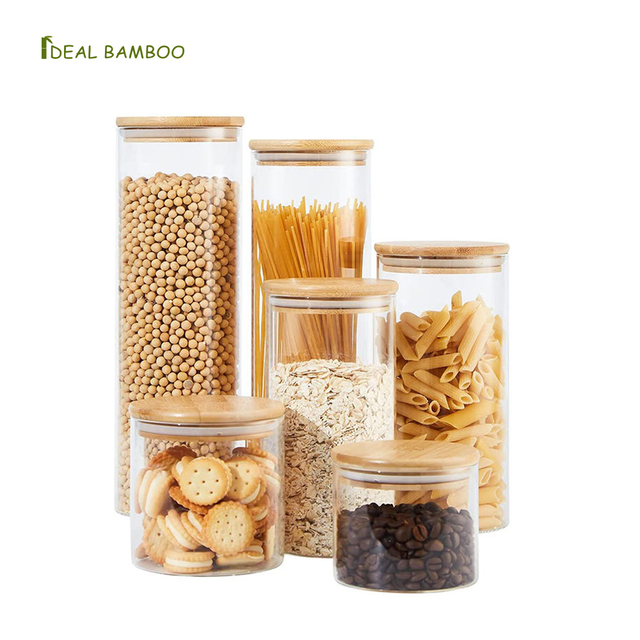 Kitchen Storage Container Set Glass Food Storage Jar with Bamboo Lid for Honey Spices Other Dry Foods for Daily Cooking Parties