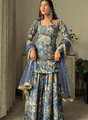 Blue Chinon Sequins Embroidered Sharara Suit Festive Wear