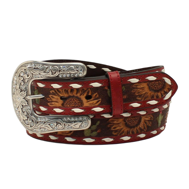 Angel Ranch Ladies Sunflower Cactus Red Western Leather Belt D140001104
