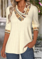 ROTITA Tummy Coverage Fair Isle Print Beige Asymmetrical Neck Sweatshirt