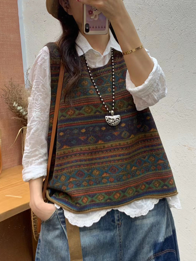 Plus Size Women Autumn Artsy Colorblock Knit O-Neck Vest