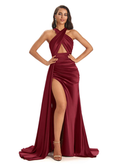 Sexy Soft Satin Halter Side Slit Floor-Length Maxi Mermaid Bridesmaid Dresses Online