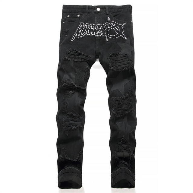 Star Patch Ripped Cotton Pants