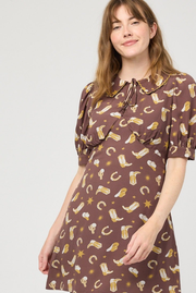 Hattie Western Motif Print Tie Neck Mini Dress