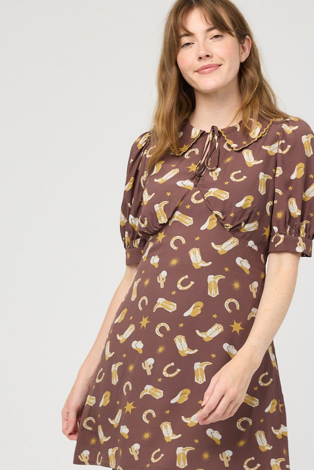 Hattie Western Motif Print Tie Neck Mini Dress