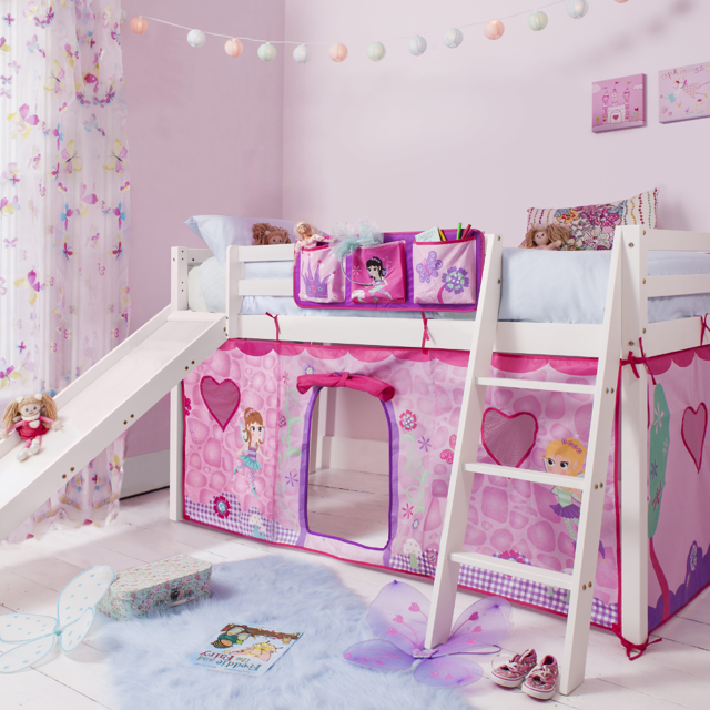 Moro Cabin Bed Midsleeper with Slide and Fairies Tent in Classic White