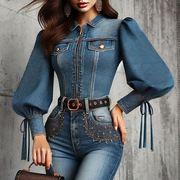 Ursime Lantern Sleeve Lace-Up Zipper Denim Blouse
