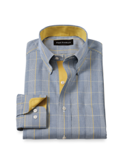 Comfort Stretch Non-Iron Plaid Dress Shirt With Contrast Trim - Navy/gold