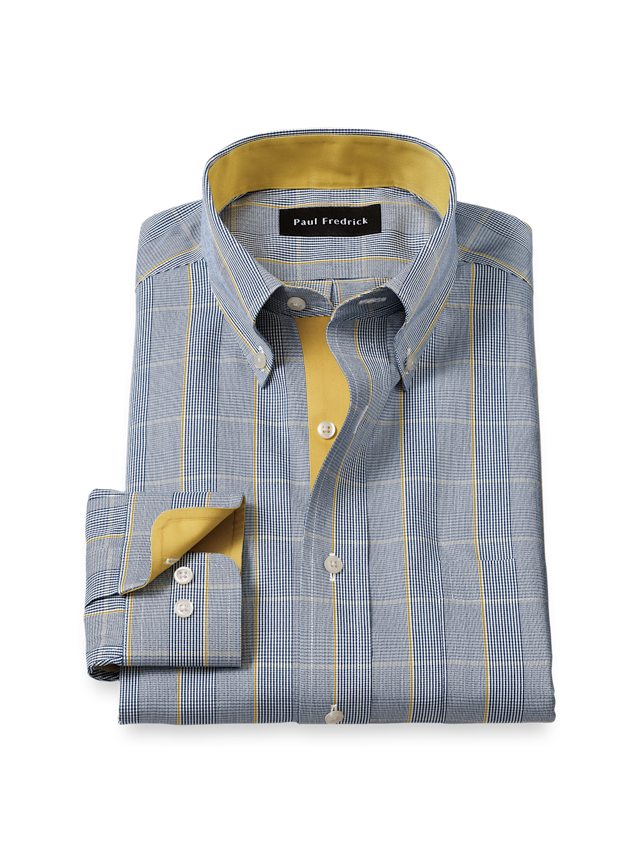Comfort Stretch Non-Iron Plaid Dress Shirt With Contrast Trim - Navy/gold