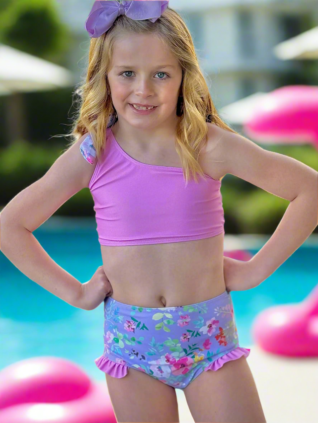 Pink & Purple Floral One Shoulder Bikini Swimsuit