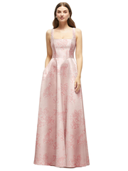 Floral Square-Neck Satin Maxi Dress with Full Skirt