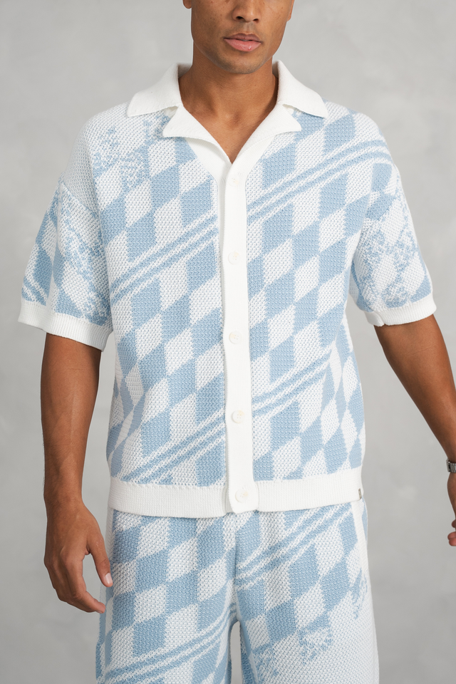 Boxy Checked Knitted Shirt - Pale Blue/White