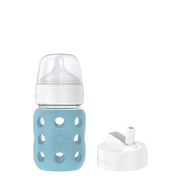 8oz Glass Baby Bottle with Stage 2 Nipple & Pivot Straw Cap Denim Bundle