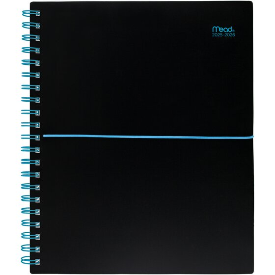 Mead® 2025-2026 Basic Bungee Weekly Monthly Planner, Black with Blue Bungee, Large, 8 1/2" x 11"
