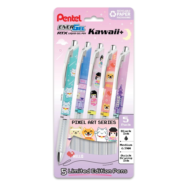 EnerGel RTX, Liquid Gel Pen, Special Kawaii Tokyo Designs, 0.7mm, Black Ink, 5-PK