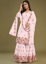 Pink Faux Georgette Embroidered Sharara Suit Party Wear