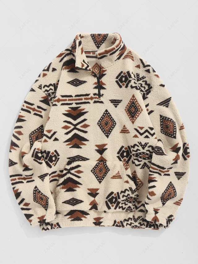 ZAFUL Faux Sherpa Tribal Ethnic Print Quarter Zip Teddy Sweatshirt