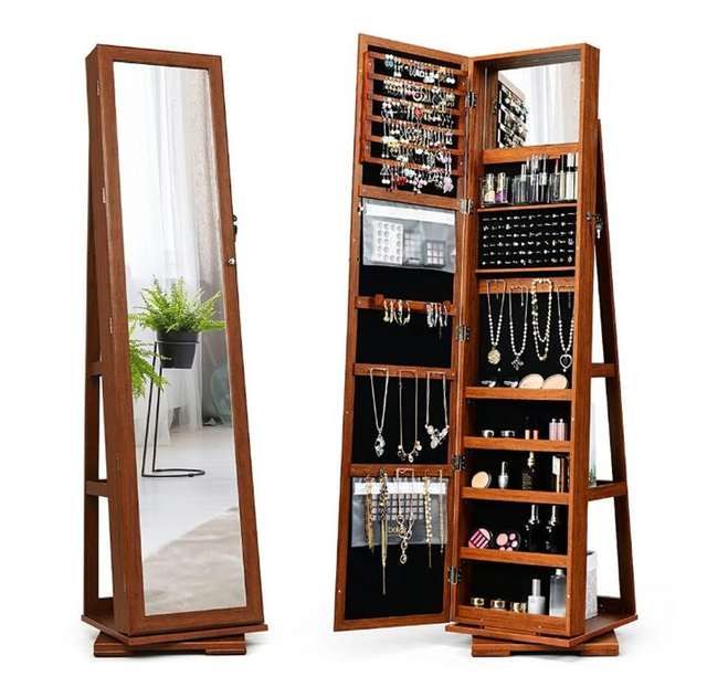 2-in-1 Lockable Mirrored 360° Rotating Jewelry Armoire