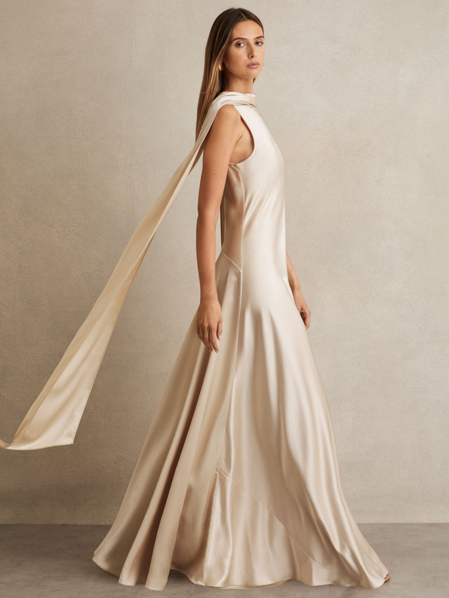 Satin Cape Maxi Dress in Champagne