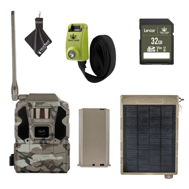 Bundle Savings! TACTACAM Reveal Ultra Cellular Trail Camera with Solar Panel, Lipo Battery, SD Card, Steel Reinforced Strap and Cleaning Cloth