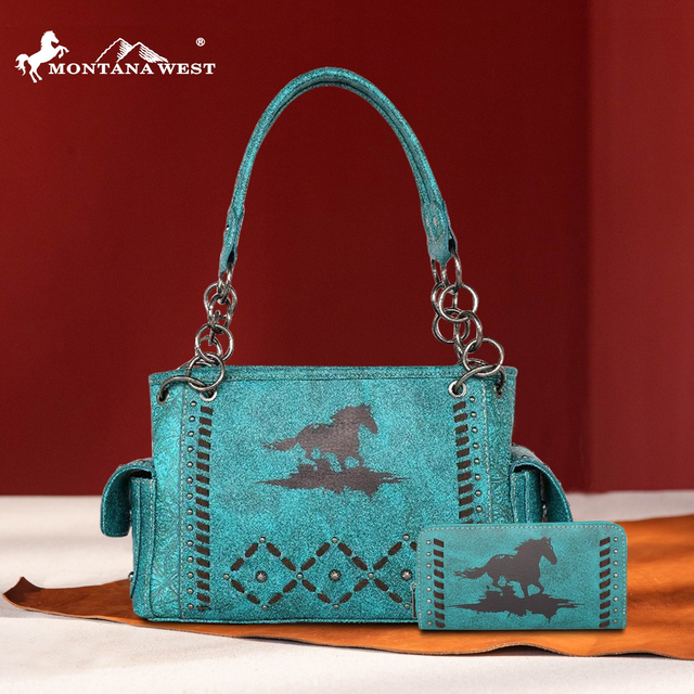 MW7411G-8085WTQ Montana West Horse Collection Concealed Carry Satchel Wallet Set- Turquoise
