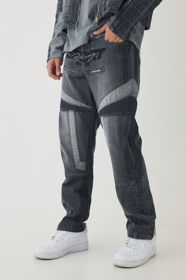 Straight Leg Moto Applique Jeans | boohooMAN USA