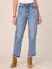 "Ab"solution® High Rise Spliced Frayed Ankle Straight Leg Petite Jeans