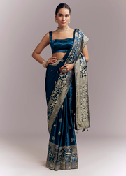 Midnight Blue Satin Woven Saree With Delicate Hand Embroidery