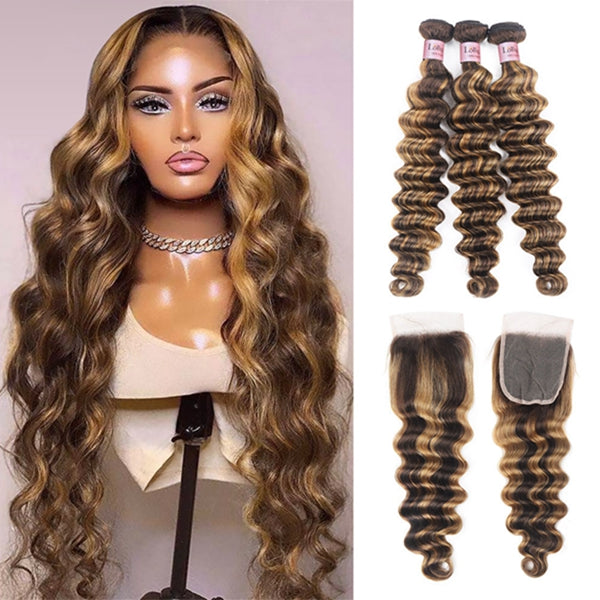 Loose Deep Wave 3 Bundles with Closure 5x5 4x4 HD Lace Closure and Bundles P4 27 Highlight Human Hair Bundles with Closure Extensions