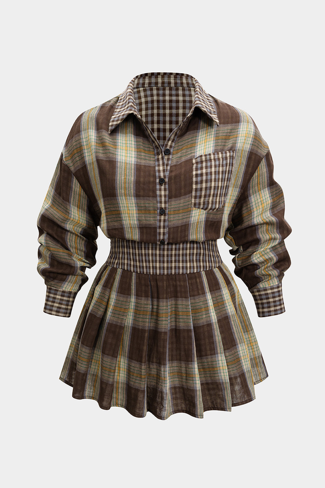 Plus Size Plaid Print Button Long-Sleeve Shirt And Mini Skirt Set