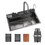 Lefton Two Waterfall Faucets Kitchen Sink with Digital Temperature Display-KS2206 with 3/4 HP Garbage Disposal LGD-714