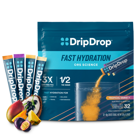 DripDrop Tropical Variety Pack Electrolyte Powder, 8 oz sticks, 32 count