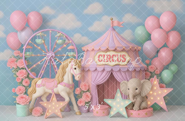 Kate Cake Smash Circus Carousel Elephant Pastel Backdrop Designed by Ashley Paul
