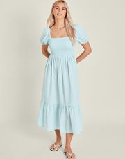 Puff Sleeve Smocked Midi Dress Blue