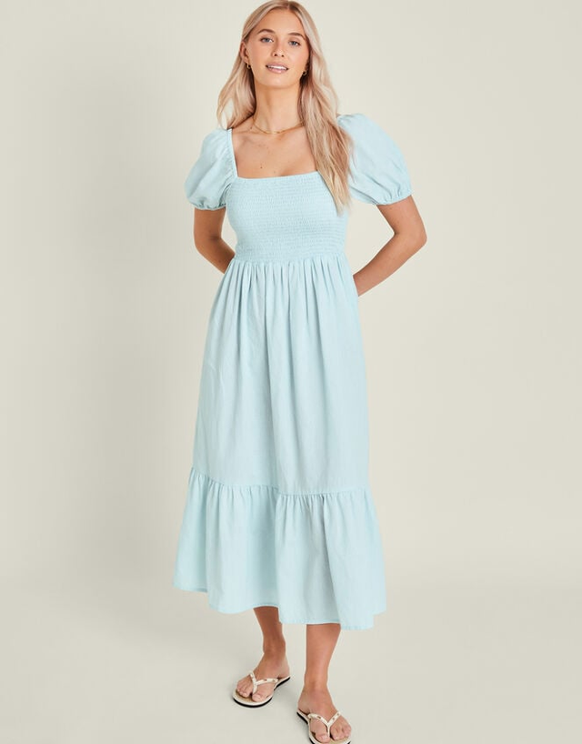 Puff Sleeve Smocked Midi Dress Blue