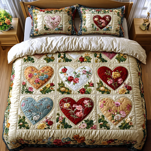 Patchwork Hearts Quilt Bed Sets, Couple Bedding Set, Couple Valentine Gift, Valentine's Day Gift