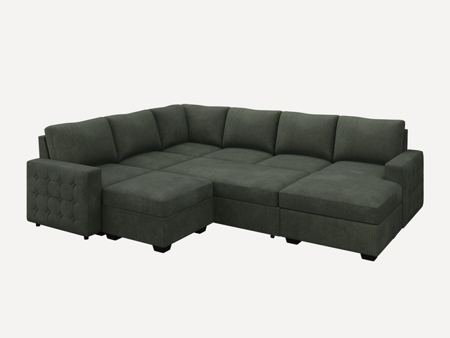 HONBAY 7-Piece Corduroy U-Shaped Pull-Out Sleeper Sectional Sofa with Storage Chaise & Ottoman