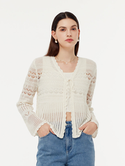 Linen Cotton Openwork Tie Front Women Cardigan