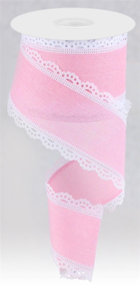 2.5" Scalloped Edge Linen Ribbon: Pink/White