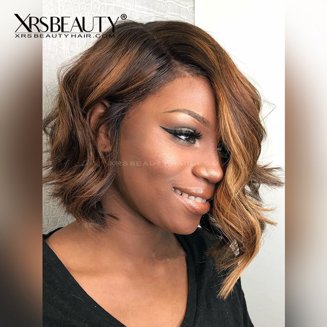 14 Inch Asymmetrical Wavy Bob Caramel Highlights Lace Front Wig [BOB40]