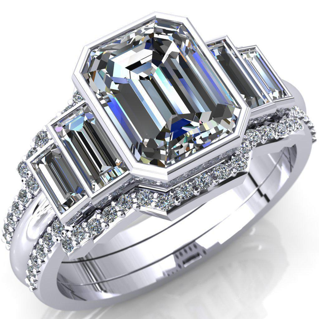 Lois Emerald Center Stone Baguette Accent 5 Stone Ring