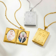Personalized 1-2 Photos Cross Rectangle Locket Necklace, Custom Pictures Christian Jewelry, Confirmation/Baptism/Christmas Gift for Family/Friends