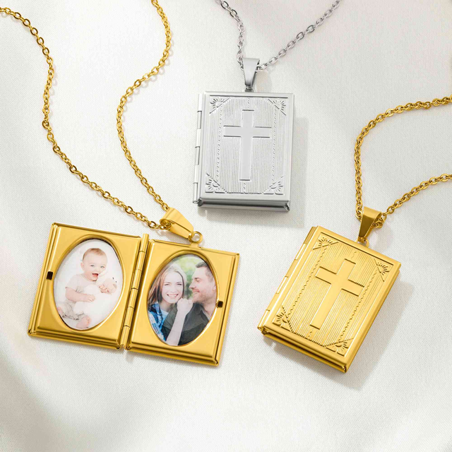Personalized 1-2 Photos Cross Rectangle Locket Necklace, Custom Pictures Christian Jewelry, Confirmation/Baptism/Christmas Gift for Family/Friends