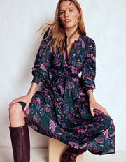 Cecily Cotton Midi Dress-Emerald Night, Ornate Meadow